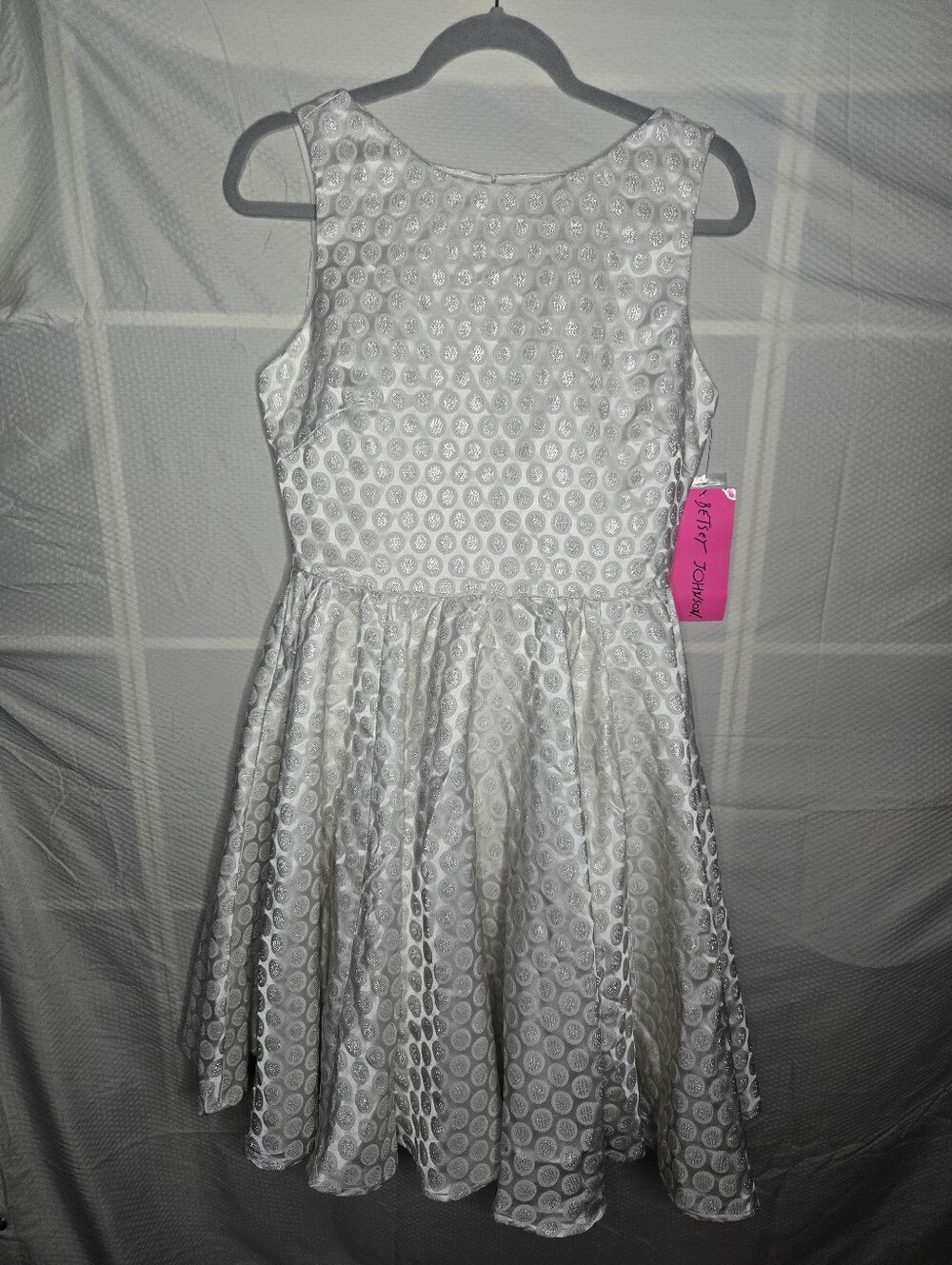 Betsey Johnson White Textured Fit-and-Flare Open Back White Polka Dot Dress